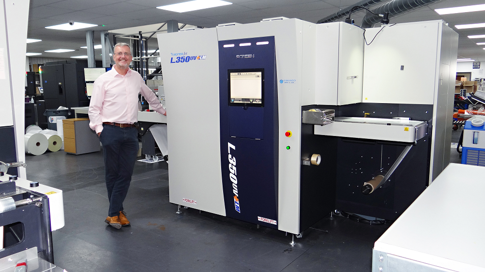 Jamie Doogan, Paul Sykes, Steve Baker, Phil Smith and Jamie Godson with Baker Labels two Truepress Inkjets